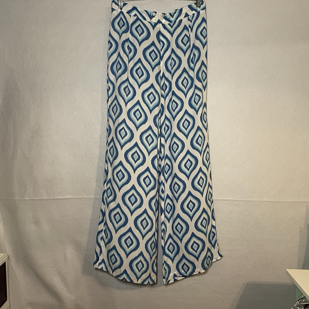 Skemo Blue White Ikat Wide Leg Pants Sz L